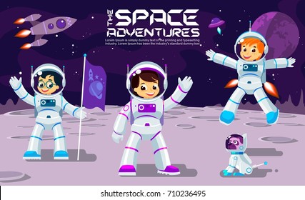 Kids play and have fun in space on the moon, play and work, banner or poster cool vector design illustration