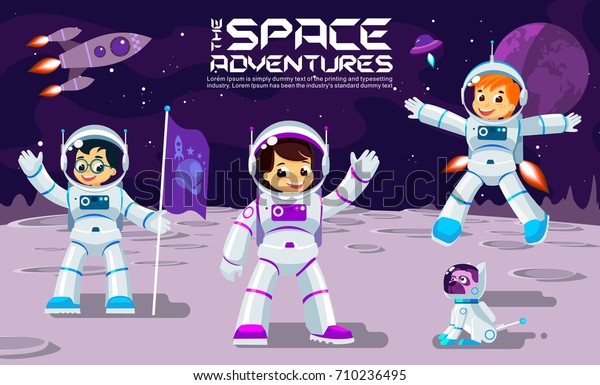 Kids play and have\
fun in space on the moon, play and work, banner or poster cool\
vector design\
illustration