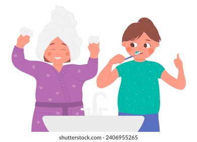 Kids play in home bathroom, children brush teeth vector illustration. Cartoon cute girls playing together during daily fun hygiene routine, child character holding soap foam bubbles background