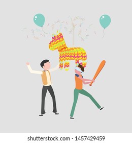 Kids play with horse shaped pinata and having fun at birthday party