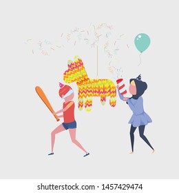 Kids play with horse shaped pinata and having fun at birthday party