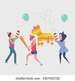 Kids play with horse shaped pinata and having fun at birthday party
