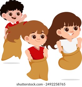 Kids Play Indonesian Sack Race Competition Illustration