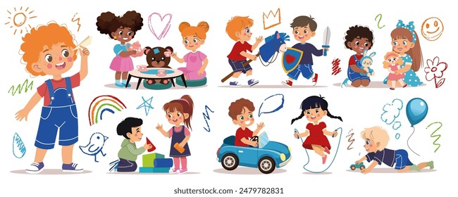 Kids play. Kindergarten games. Nursery playroom. Happy toddler with toys. Children fun. Dolls tea party. Boys car and hobbyhorse. Girl jumping rope. Montessori education. Vector cartoon babies set