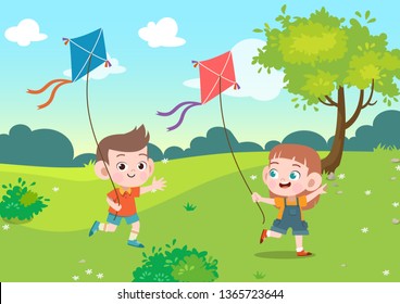 kids play kite together in the garden vector illustration