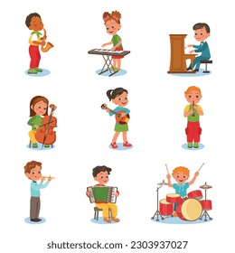 Kids play music instruments. Young artistic people. Orchestra concert. Saxophonist and pianist. Musical performance. Little drummer and violinist. Children musicians