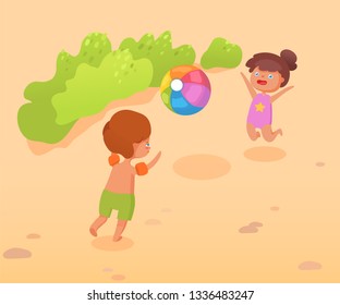 Kids play on beach flat vector color illustration. Summer vacation. Playing children cartoon characters. Childhood entertainment, leisure. Game with beach ball. Outdoor activities concept