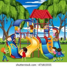 Kids Play On Slide Playground Illustration Stock Vector (Royalty Free ...