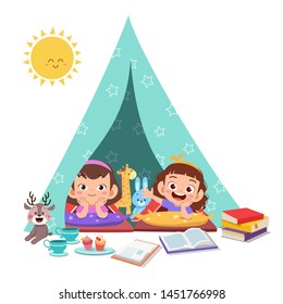 Kids Play On Tent Vector Illustration