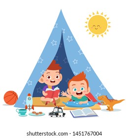 Kids Play On Tent Vector Illustration