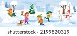 Kids play outside in the winter season. Cartoon-style vector background. Happy children with a dog having fun while snowing in a park: skating, skiing, making a snowman, playing snowball and sledding.