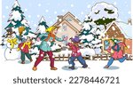 Kids play outside in the winter season. Cartoon-style vector background. Happy children with  having fun while snowing in a park: skating, skiing, making a snowman, playing snowball and sledding.