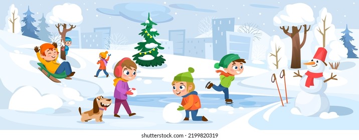 Kids play outside in the winter season. Cartoon-style vector background. Happy children with a dog having fun while snowing in a park: skating, skiing, making a snowman, playing snowball and sledding.