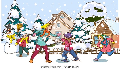 Kids play outside in the winter season. Cartoon-style vector background. Happy children with  having fun while snowing in a park: skating, skiing, making a snowman, playing snowball and sledding.