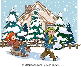 Kids play outside in the winter season. Cartoon-style vector background. Happy children with  having fun while snowing in a park: skating, skiing, making a snowman, playing snowball and sledding.