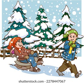 Kids play outside in the winter season. Cartoon-style vector background. Happy children with  having fun while snowing in a park: skating, skiing, making a snowman, playing snowball and sledding.