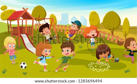 Kids Play Park Playground Vector Illustration. Children Swing Outdoor in Summer School Kindergarten. City Landscape Background. Boy and Girl Cartoon Character Activity Equipment