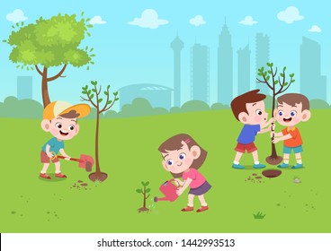 Kids Play In Park Vector Illustration