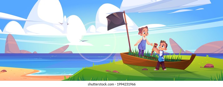 Kids play in pirates on sea beach with old boat. Vector cartoon illustration of summer landscape of sand ocean shore with broken ship in grass with black flag and children with spyglass