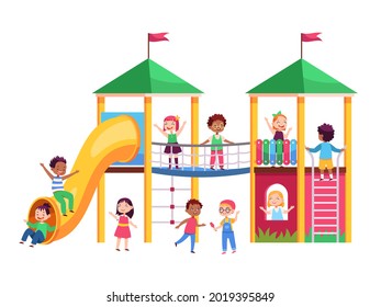 Kids Play Playground. Children Climb On Amusement Ride, Roll Down Baby Slide, Outdoor Park Entertainment For Girls And Boys. School Or Kindergarten Game Area Vector Cartoon Isolated Concept