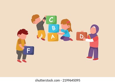 Kids play and put letters puzzle together. Learning together concept. Colored flat graphic vector illustration isolated.