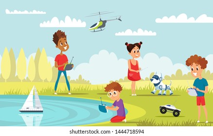 Kids play with rc toys flat vector illustration. Little playful boys and girl in park cartoon characters. Happy children with remote control car, boat, helicopter and robot dog. High tech recreation