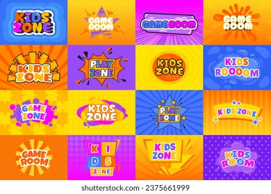 Kids play room banner. Cartoon colorful zone label with child playroom zone concept, childhood education concept. Vector illustration. Game room for children, area for baby activities