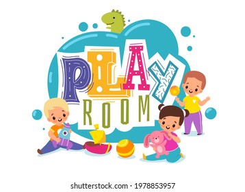 Kids play room. Playground cartoon logo. Children zone for games. Boys and girls with plush bunny or toy rocket. Toddler holds rattle. Colorful lettering. Vector baby entertaining area