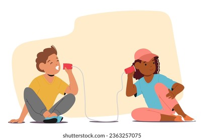 Los Niños Juegan Con Un Teléfono Rope, Un Simple Juguete De Comunicación Diy Hecho Conectando Dos Cans Con Una Cadena, Fomentando Conversaciones Imaginativas Y Juego Creativo. Ilustración de vectores de personas de caricatura