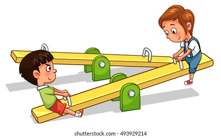 Kids play seesaw cartoon style, vector art and illustration.