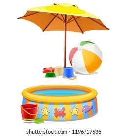 Kids play set under the sun or on the beach isolated on white background. Vector cartoon close-up illustration.