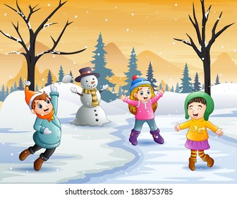 Kids play in the snow very joyfully