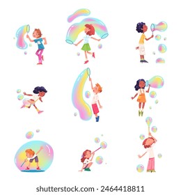 Kids play soap bubble. Child make blowing bubbles imitate balloon, little girl or boy playing outside activity children blow foam bottle, birthday party vector illustration of child with soap bubble