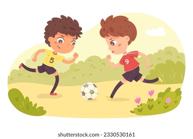 Kids play soccer outdoors vector illustration. Cartoon isolated playground or summer green field scene with cute active boys playing football sport game, sporty children kicking ball and running