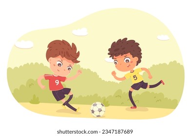 Kids play soccer outdoors vector illustration. Cartoon isolated playground or summer green field scene with cute active boys playing football sport game, sporty children kicking ball and running,