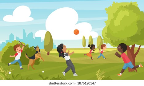 Kids play in summer park vector illustration. Cartoon child training pet dog, children have fun, running and playing with ball on green grass field, outdoor sport activity in childhood background