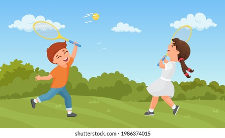 Kids play tennis in summer park vector illustration. Cartoon excited boy girl player characters training, playing sport game together outdoors, holding rackets, active healthy lifestyle background