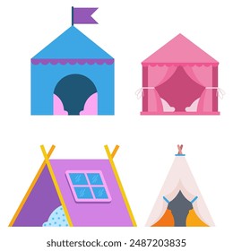Kids play tents and teepees vector cartoon set isolated on a white background.