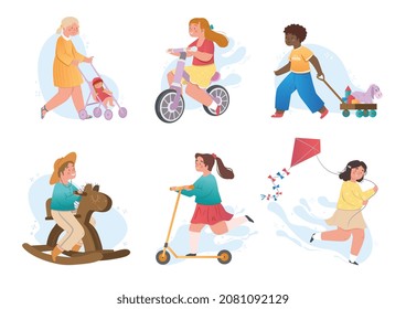 Los niños juegan con sus juguetes favoritos. Conjunto de niños y niñas en kindergarten. Personajes sonrientes con bicicletas, muñecas y mecedoras de madera. Colección vectorial plana de dibujos animados aislada en fondo blanco