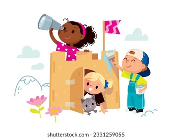 Kids play together. Children with a cardboard castle. Girls and boy create a castle. Happy creative kids spare time together.