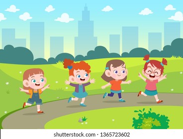 kids play together in the garden vector illustration