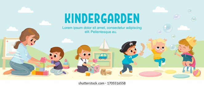 Kids play together in kindergarden. Playroom with children. Babysitting.