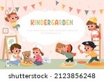 Kids play together in playroom at preschool, kindergarten. Children doing pirates role play. Preschool kids have fun. Children play doctors examining teddy bear with stethoscope. Vector illustration.