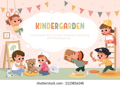 Kids play together in playroom at preschool, kindergarten. Children doing pirates role play. Preschool kids have fun. Children play doctors examining teddy bear with stethoscope. Vector illustration.