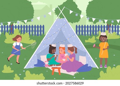 Kids play together in tepee tent, house camp in summer park vector illustration. Cartoon happy cute child characters have fun time on picnic, girls wearing princess dresses, drinking tea background