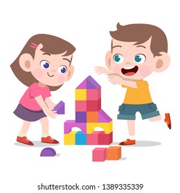 kids play with toys brick vector illustration isolated