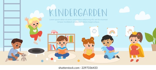 Kids play toys and games, reading books together in kindergarden. Cartoon playroom with multiracial children.