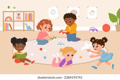 Kids play toys and games together in kindergarden. Cartoon playroom with multiracial children.