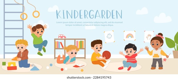 Kids play toys and games together in kindergarden. Cartoon playroom with children.