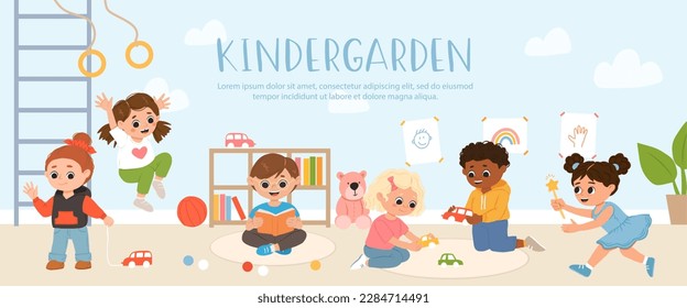 Kids play toys and games together in kindergarden. Cartoon playroom with multiracial children.